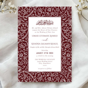 Invitación Elegante Floral Vintage Burgundy Boda Islámica