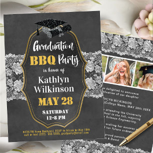 Invitación Elegante Floral Vintage Lace 3 Graduación fotográf
