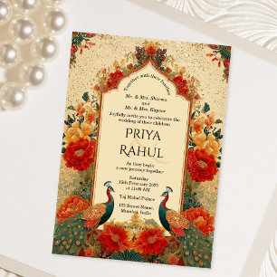 Invitación Elegante Floral Vintage Pavo Real Boda India