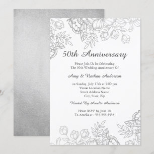 Invitación Elegante Floral Vintage Plata 50 Aniversario