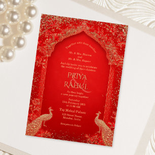 Invitación Elegante Floral Vintage Rojo Dorado Pavo Real Indi