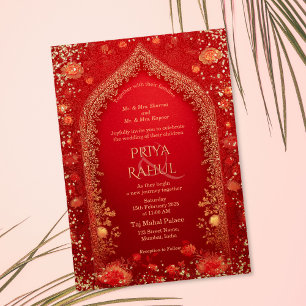 Invitación Elegante Floral Vintage Rojo Oro Boda India
