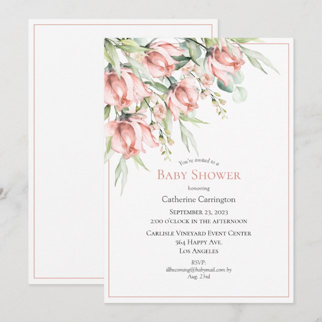 Invitación Elegante Floral Watercolor Baby Shower (Anverso / Reverso)