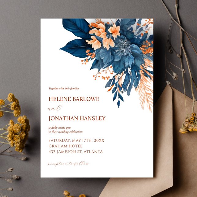 Invitación Elegante Floral Watercolor Indigo Rust Boda (Elegant Floral Watercolor Indigo Rust Wedding Invitation)