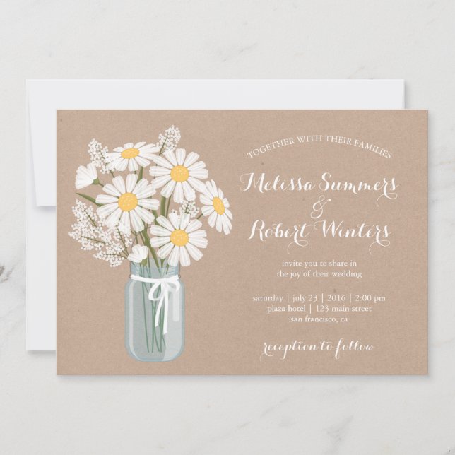 Invitación Elegante Floral White Daisies Mason Jar Boda (Anverso)