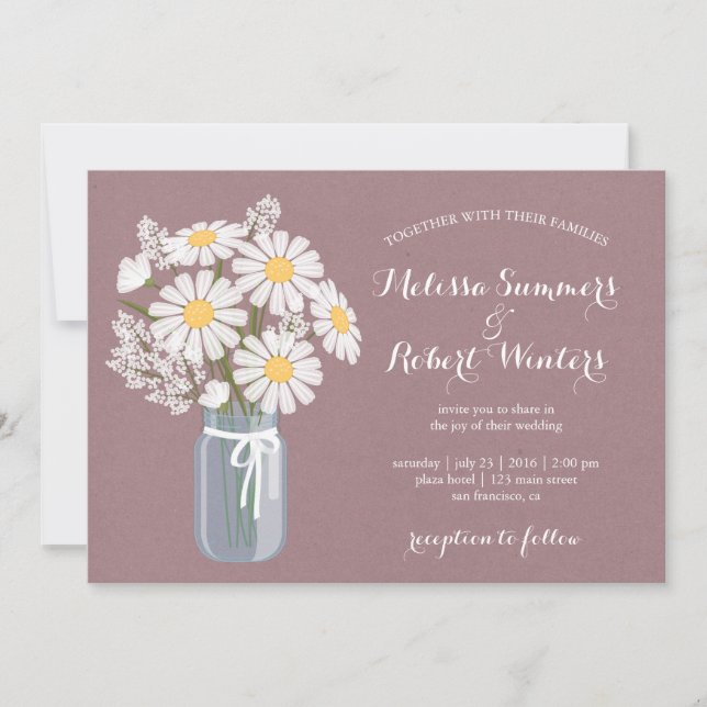 Invitación Elegante Floral White Daisies Mason Jar Boda (Anverso)