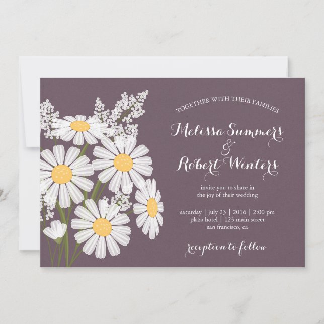 Invitación Elegante Floral White Daisies Plum Boda (Anverso)