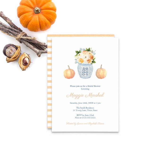 Invitación Elegante Floral Y Calabazas Ducha Bridal Otoño (Pumpkins Ginger Jar Fall Autumn Florals Soft Orange Striped Reverse Bridal Shower Party Invitation)