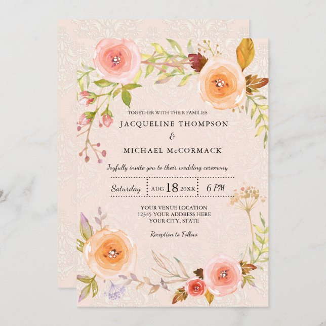 Invitación Elegante Floral y Damask Bridal Shower Wreath (Anverso / Reverso)