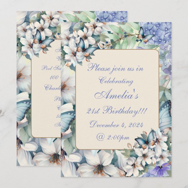 Invitación Elegante floral y mariposas cumpleaños (Anverso / Reverso)