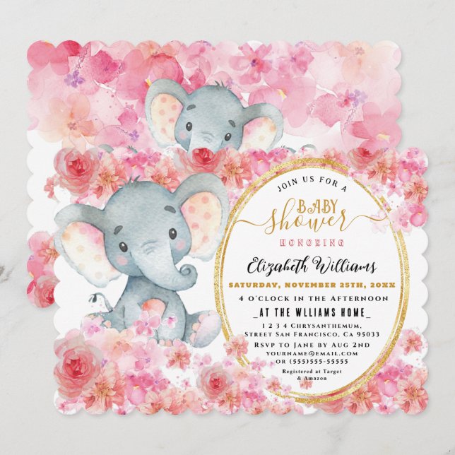 Invitación Elegante FloralAcuarela Cute Elefante Bebé ducha (Anverso / Reverso)