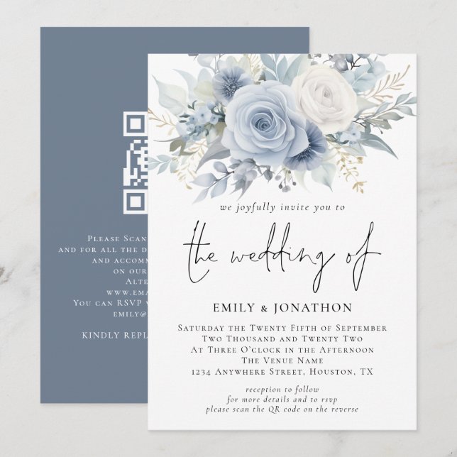 Invitación Elegante Florals Código QR Boda azul turbio (Anverso / Reverso)