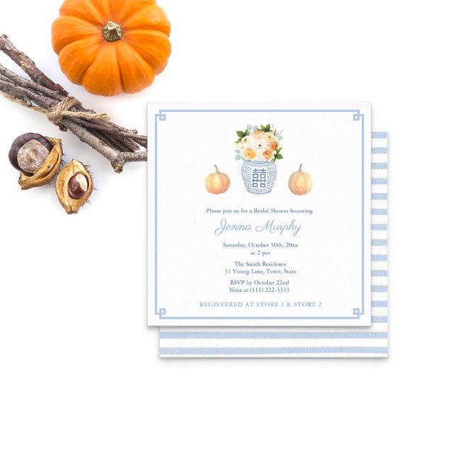 Invitación Elegante Florals de otoño Ginger Jar Bridal Shower (Bridal Shower Fall Flowers In Ginger Jar With Orange Pumpkins & A Pale Blue & White Striped Reverse)