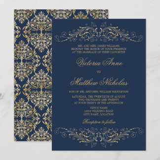 Invitación Elegante Florecimiento de Oro Damask Azul Marino