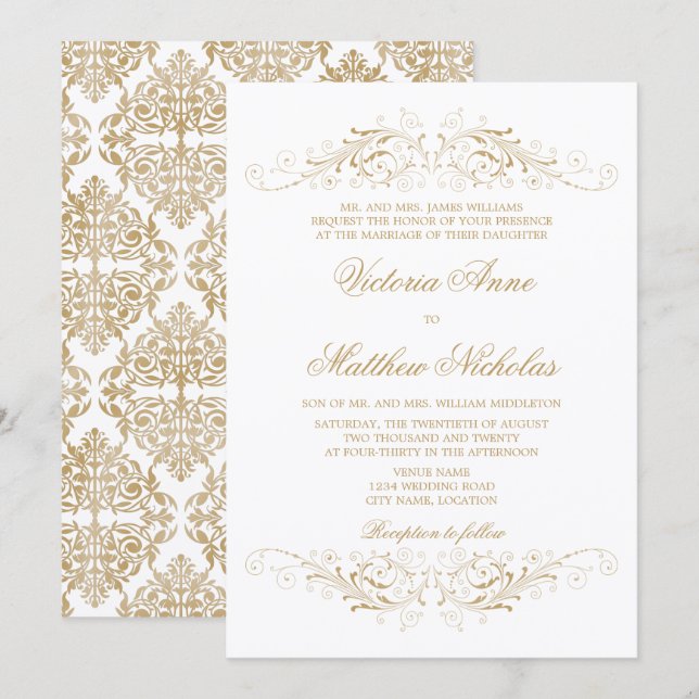 Invitación Elegante Florecimiento de Oro y Damasco (Anverso / Reverso)