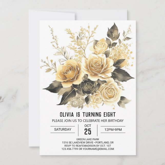 Invitación Elegante florecimiento Oro y Nacimiento Negro (Anverso)