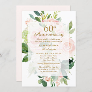 Invitación Elegante florecimiento rosa 60° aniversario Boda