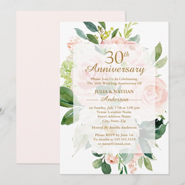 Invitación Elegante florecimiento rosa con 30 años de Boda (Anverso / Reverso)