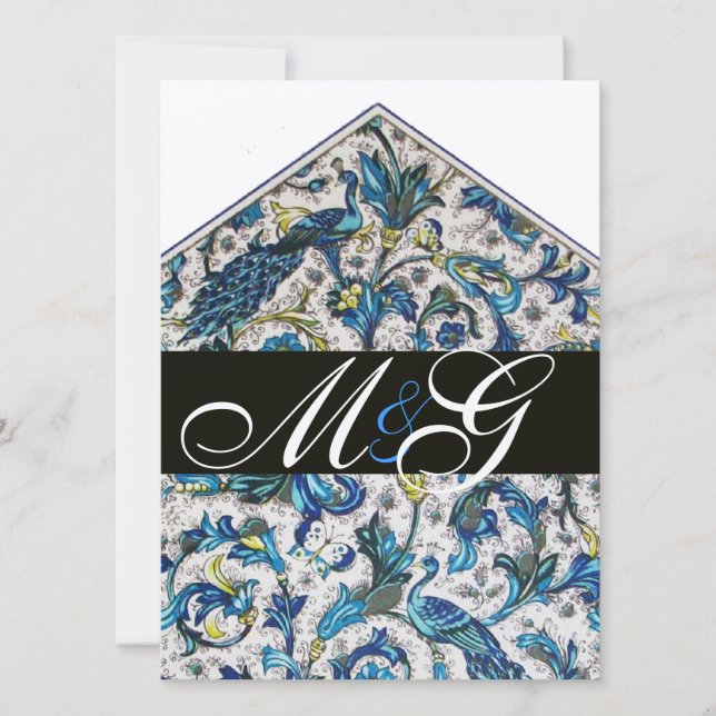 INVITACIÓN ELEGANTE FLORENTINA AZUL ORO FLORAL MONOGRAMA (Anverso)