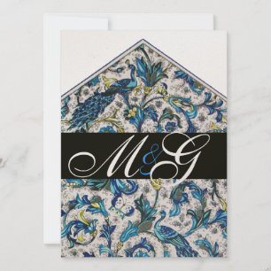 INVITACIÓN ELEGANTE FLORENTINA AZUL ORO FLORAL MONOGRAMA