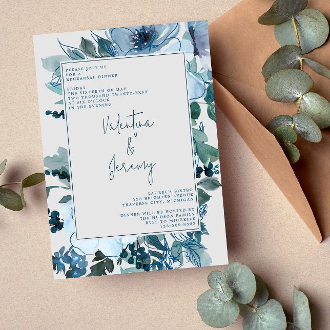 Invitación Elegante Flores Azul Dusty Flores Florales Ensayo  (Subido por el creador)