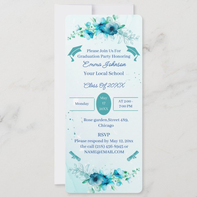 Invitación Elegante Flores Azules Graduación personalizada (Anverso)