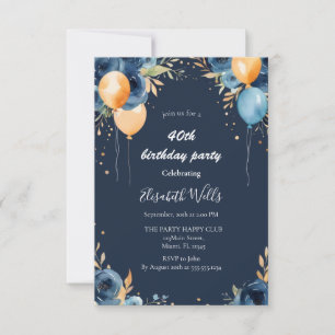 Invitación Elegante Flores Azules Naranja Ballons Cumpleaños