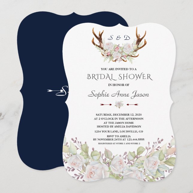 Invitación Elegante Flores Blancas Antlers Bridal Shower (Anverso / Reverso)