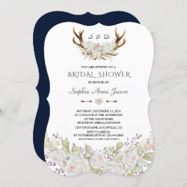 Invitación Elegante Flores Blancas Antlers Bridal Shower