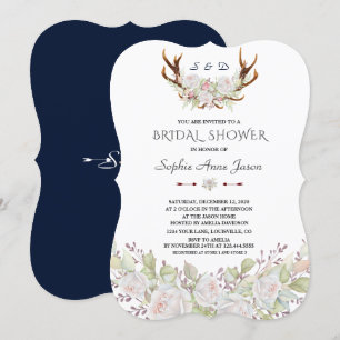 Invitación Elegante Flores Blancas Antlers Bridal Shower