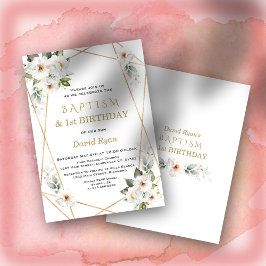 Invitación Elegante Flores Blancas Bautismo de Oro Primer Cum