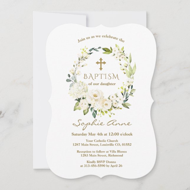 Invitación Elegante Flores Blancas Cruz de Oro Bautismo (Anverso)