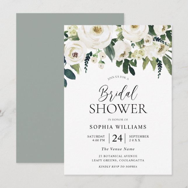 Invitación Elegante Flores Blancas Jardín Ducha Bridal (Anverso / Reverso)