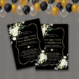 Invitación Elegante Flores Blancas Marco dorado Boda negro