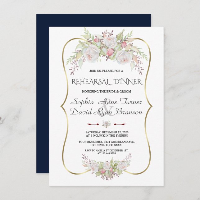 Invitación Elegante Flores Blancas Marco dorado Ensayo Cena (Anverso / Reverso)