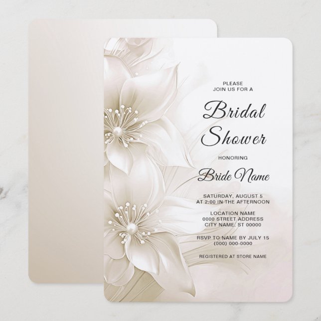 Invitación Elegante Flores Blancas Marfil Ducha Bridal (Anverso / Reverso)