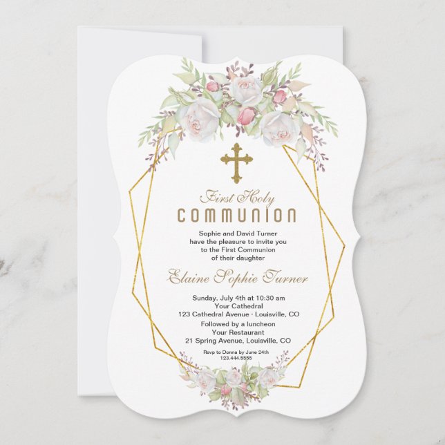 Invitación Elegante Flores Blancas Oro Primero Santa Comunión (Anverso)