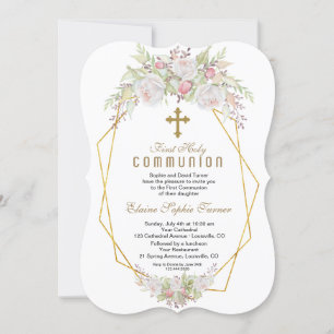 Invitación Elegante Flores Blancas Oro Primero Santa Comunión