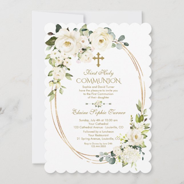Invitación Elegante Flores Blancas Oro Primero Santa Comunión (Anverso)