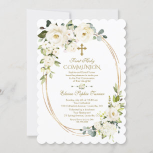 Invitación Elegante Flores Blancas Oro Primero Santa Comunión