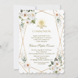 Invitación Elegante Flores Blancas Oro Primero Santa Comunión