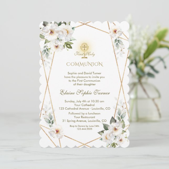 Invitación Elegante Flores Blancas Oro Primero Santa Comunión (Anverso de pie)