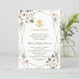Invitación Elegante Flores Blancas Oro Primero Santa Comunión