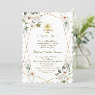 Invitación Elegante Flores Blancas Oro Primero Santa Comunión