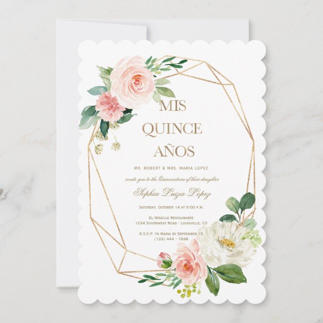 Invitación Elegante Flores Blancas Rosa Doradas Quinceañera (Anverso)
