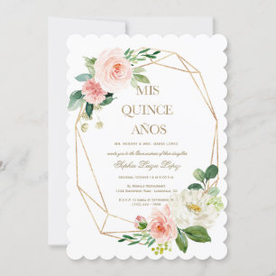 Invitación Elegante Flores Blancas Rosa Doradas Quinceañera