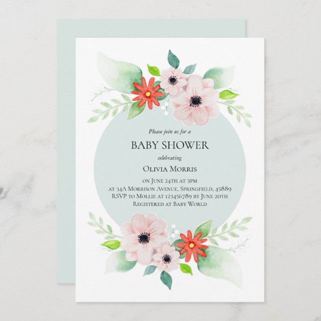 Invitación Elegante Flores Botánicas Florales Baby Shower (Anverso / Reverso)