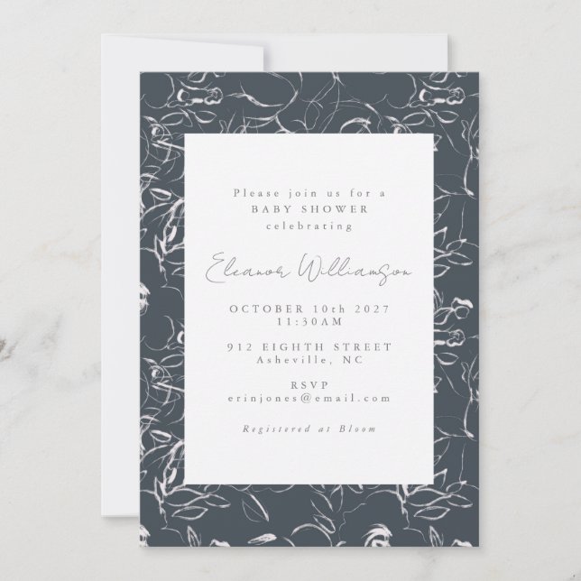 Invitación Elegante Flores Botánicas Gris Oscuras Baby Shower (Anverso)