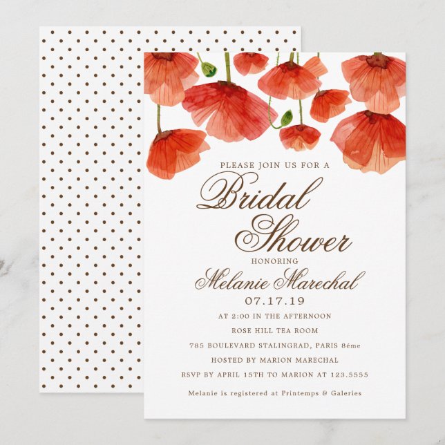Invitación Elegante Flores De Adormidera Roja Ducha De Novias (Anverso / Reverso)
