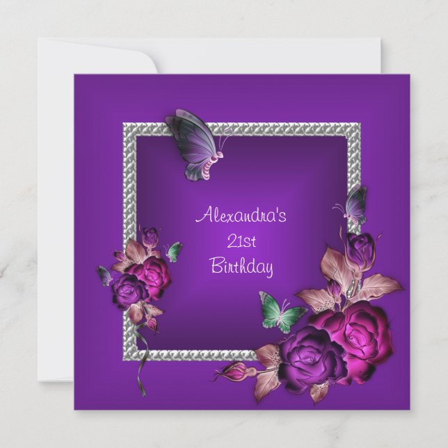 Invitación Elegante Flores de Joyas Plata Púrpura 21 cumpleañ (Anverso)